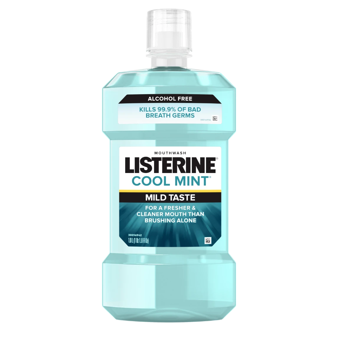 Listerine Cool Mint with zero alcohol kills 99.9% of bad breath germs with a less intense taste