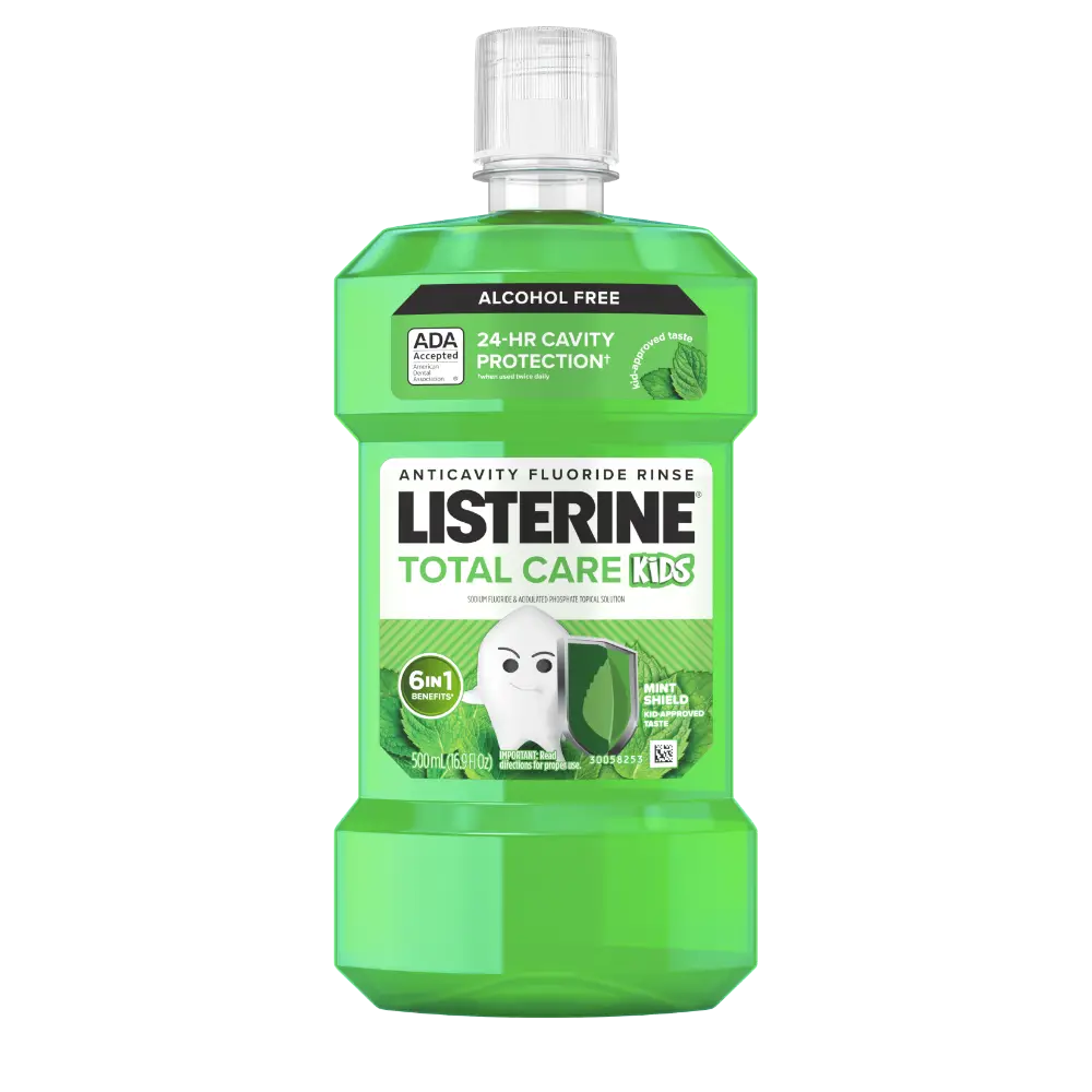 Front Pack Shot of LISTERINE® TOTAL CARE Kids Alcohol Free Anticavity Fluoride Mouthwash Mint Shield 500mL