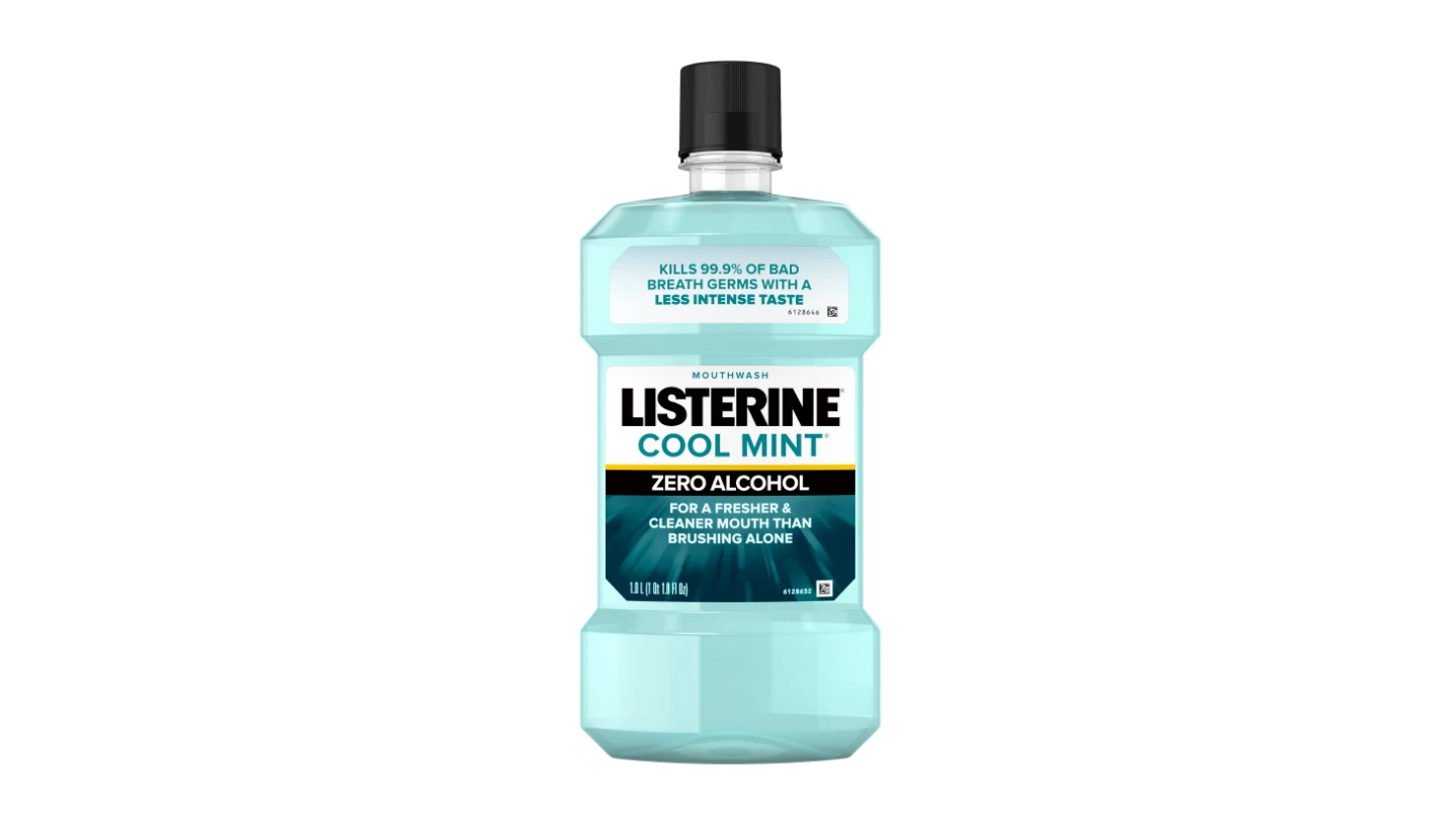 Listerine Cool Mint with zero alcohol kills 99.9% of bad breath germs with a less intense taste