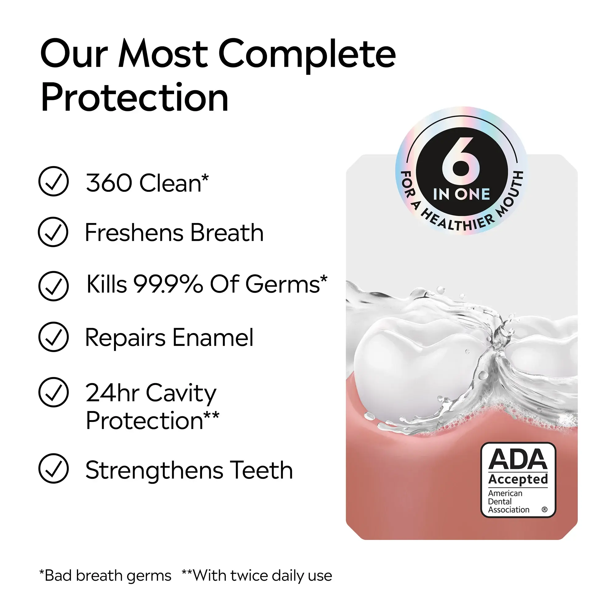Our most complete protection for bad breath, with twice daily use