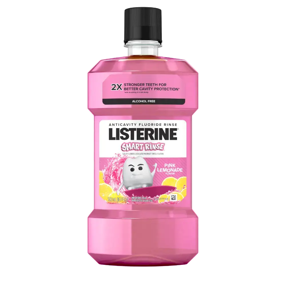 Front Pack Shot of LISTERINE® SMART RINSE® Kids Fluoride Mouthwash Pink Lemonade 500mL