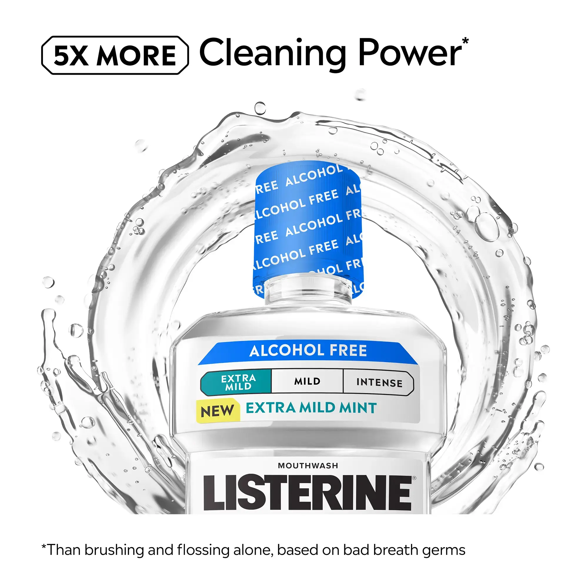 LISTERINE® Extra Mild Alcohol-Free Mouthwash COOL MINT 5x more cleaning power