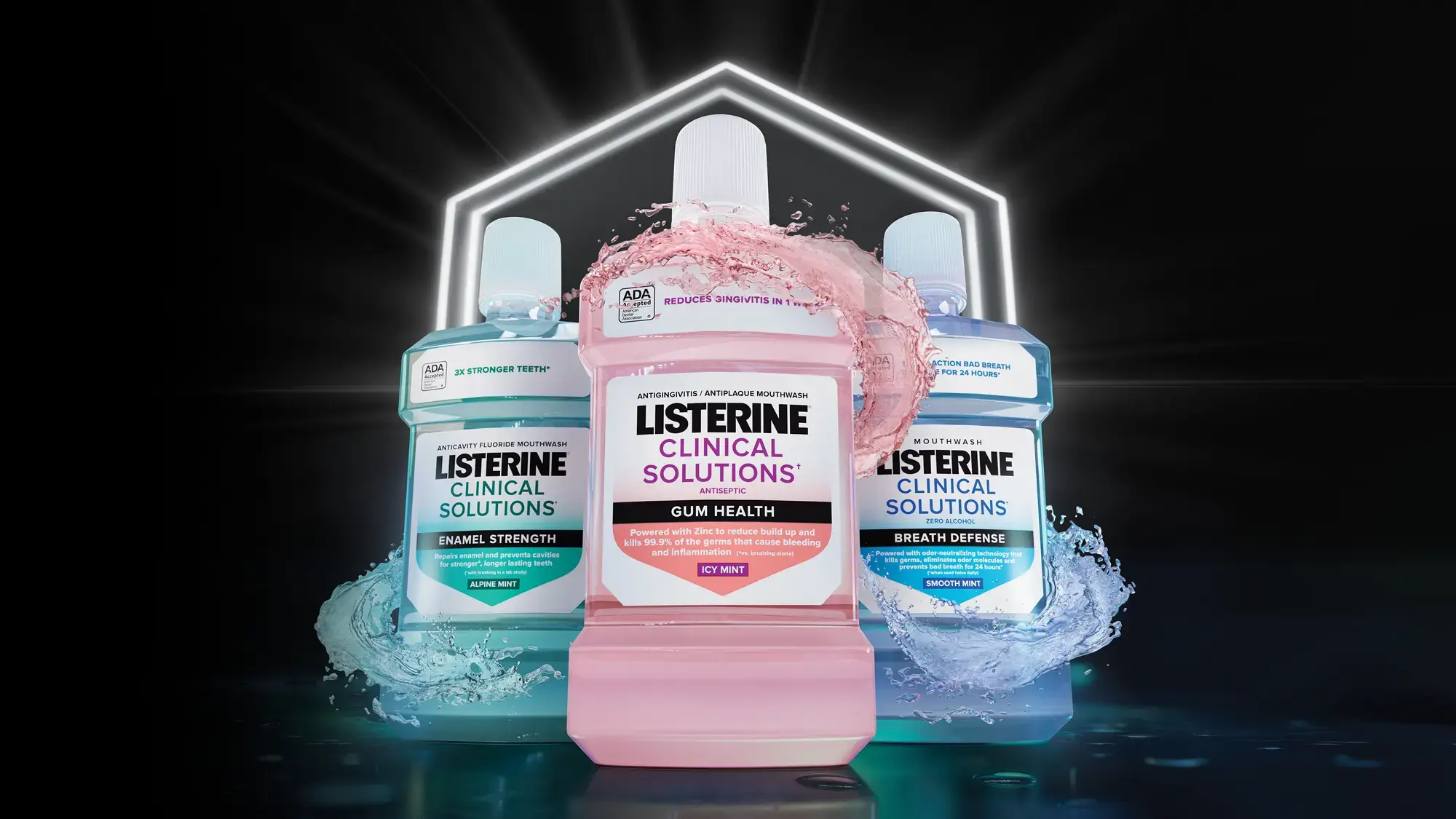 Listerine Clinical Solutions Mouthwashes for Gum Health, Teeth Strength, and Breath Defense.