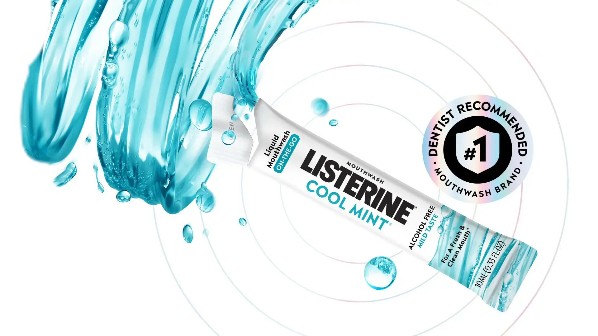 New LISTERINE® On-The-Go COOL MINT® Alcohol Free Mouthwash Packets banner