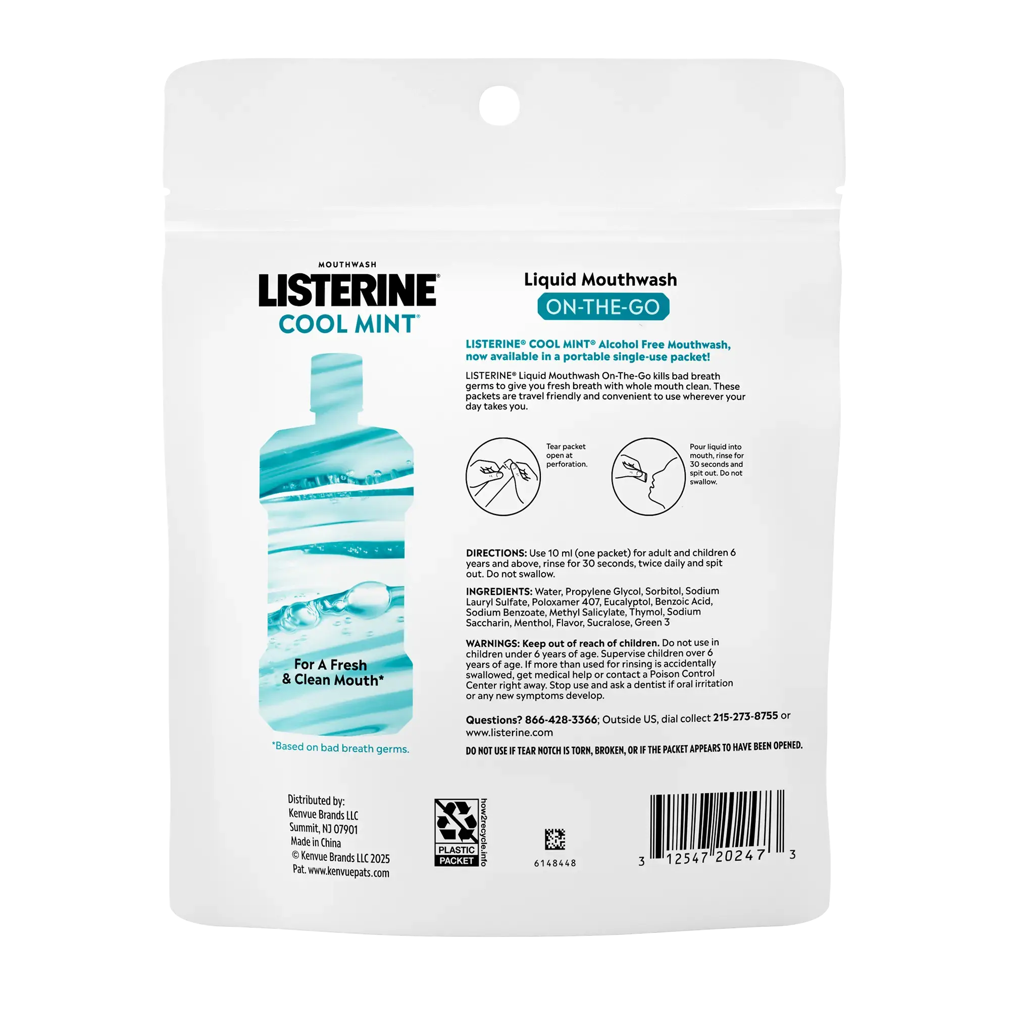 Back pack shot of Listerine® On-The-Go Cool Mint Alcohol Free Mouthwash Packets 10ML 30count