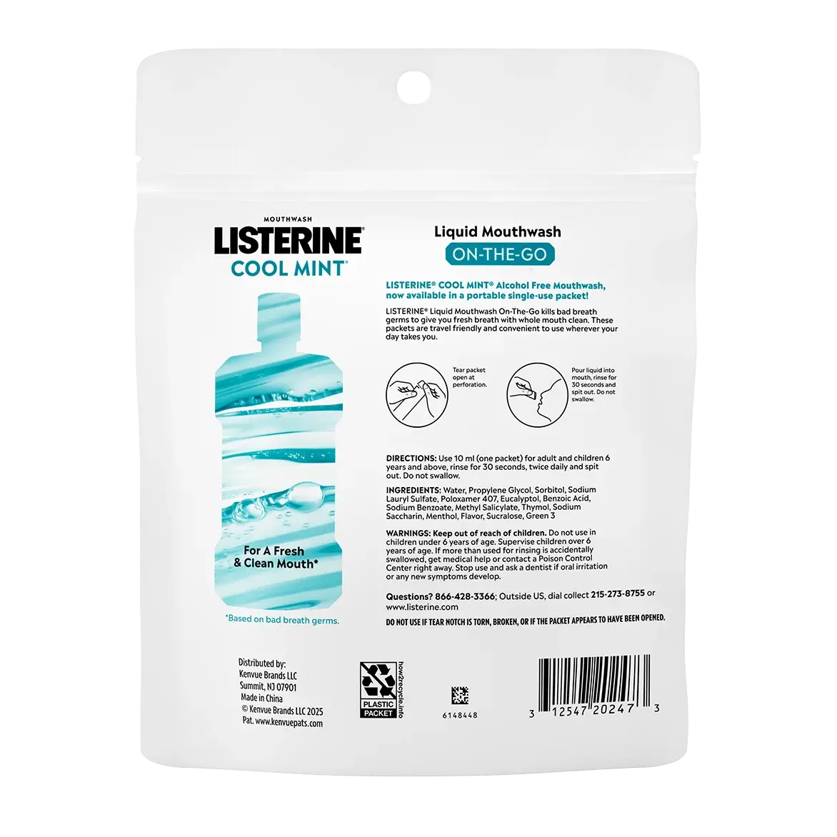 Back pack shot of Listerine® On-The-Go Cool Mint Alcohol Free Mouthwash Packets 10ML 30count