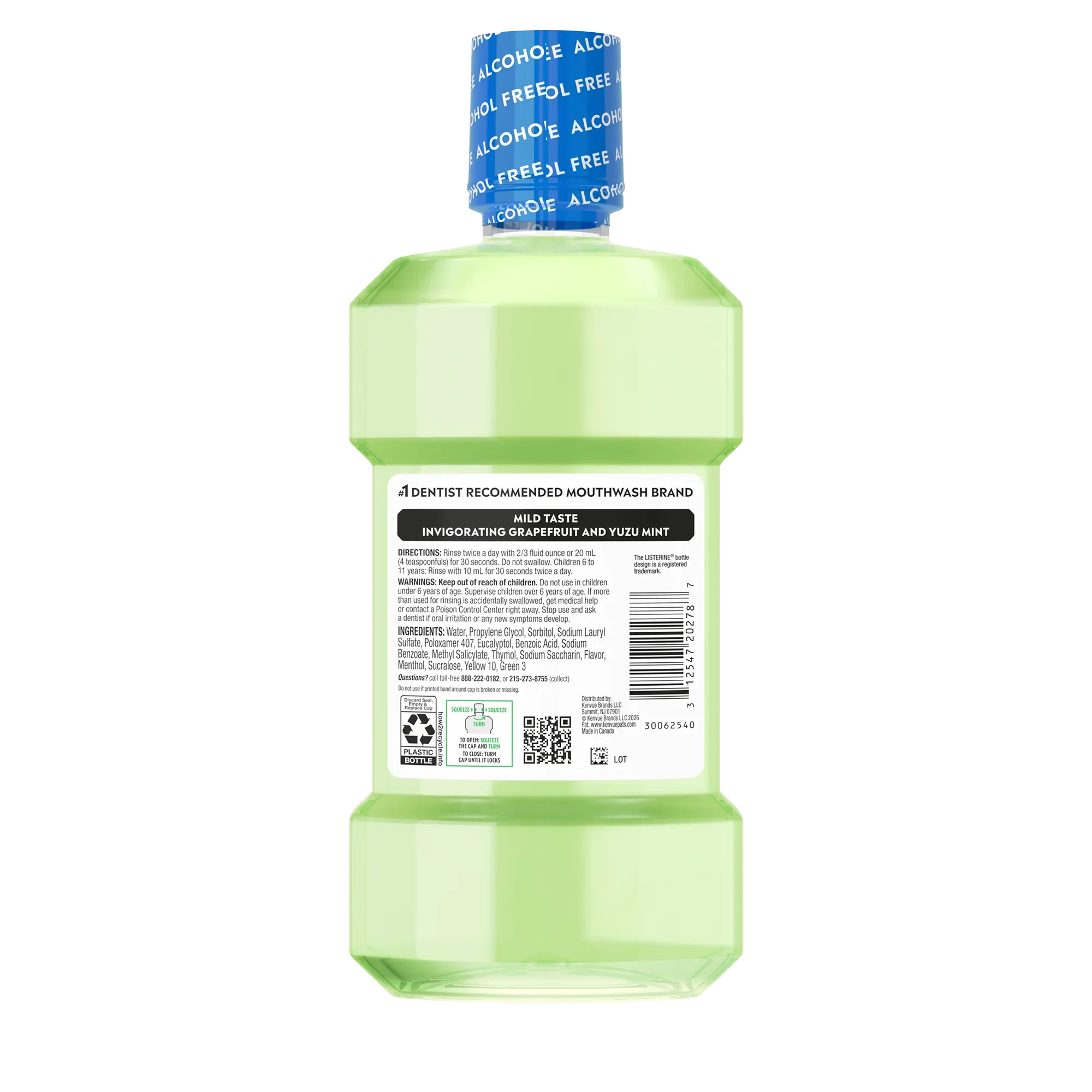 Back pack shot of LISTERINE®  Citrus Mint Alcohol Free Mouthwash, 500ml