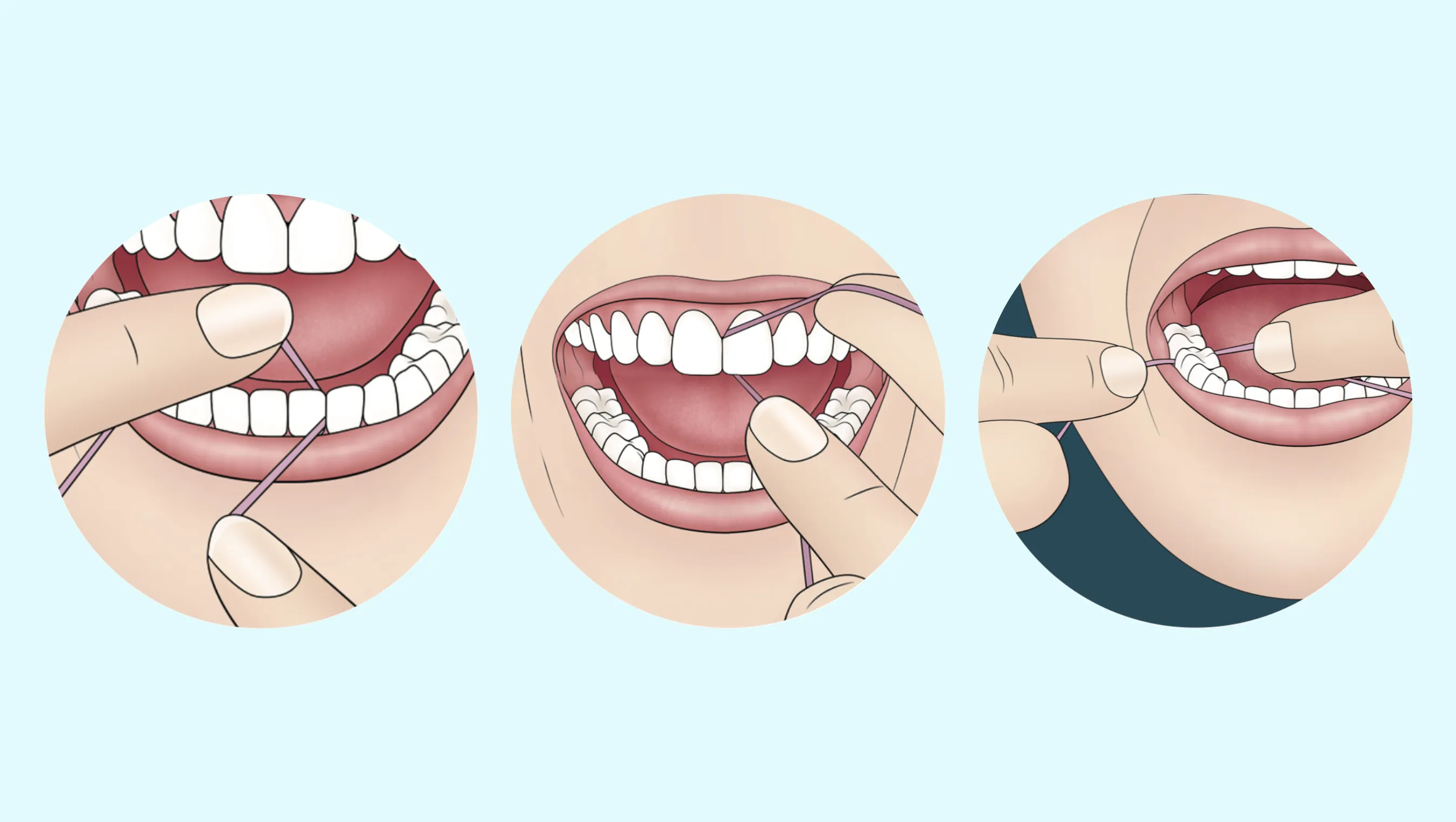 Flossing lower teeth, flossing upper teeth, and flossing back teeth