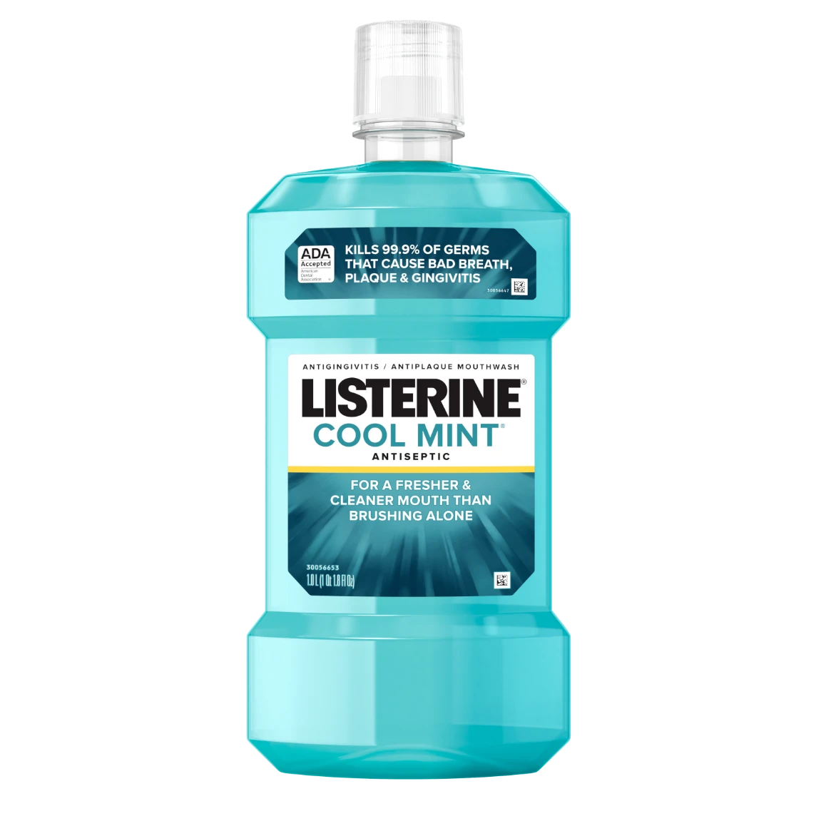 Listerine Cool Mint Mouthwash kills 99.9% of germs that cause bad breath, plaque & gingivitis