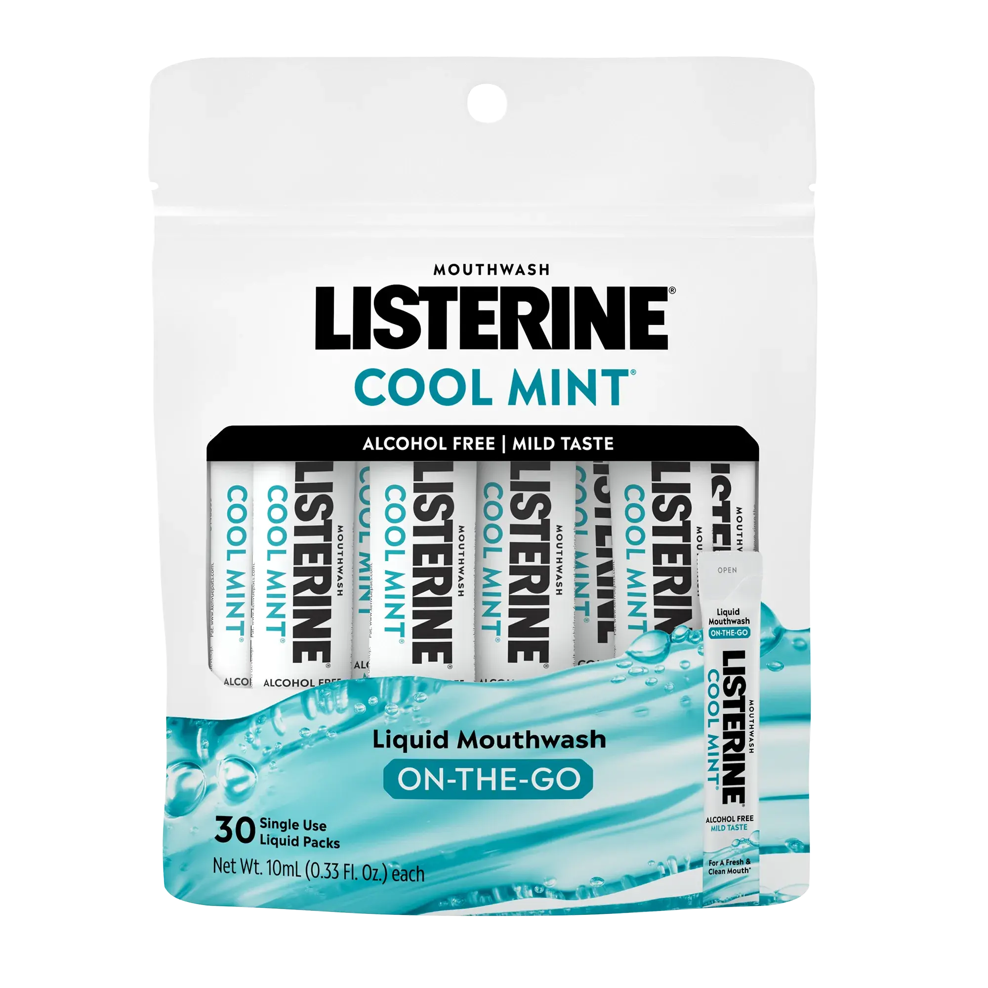 Front pack shot of Listerine® On-The-Go Cool Mint Alcohol Free Mouthwash Packets 10ML 30count