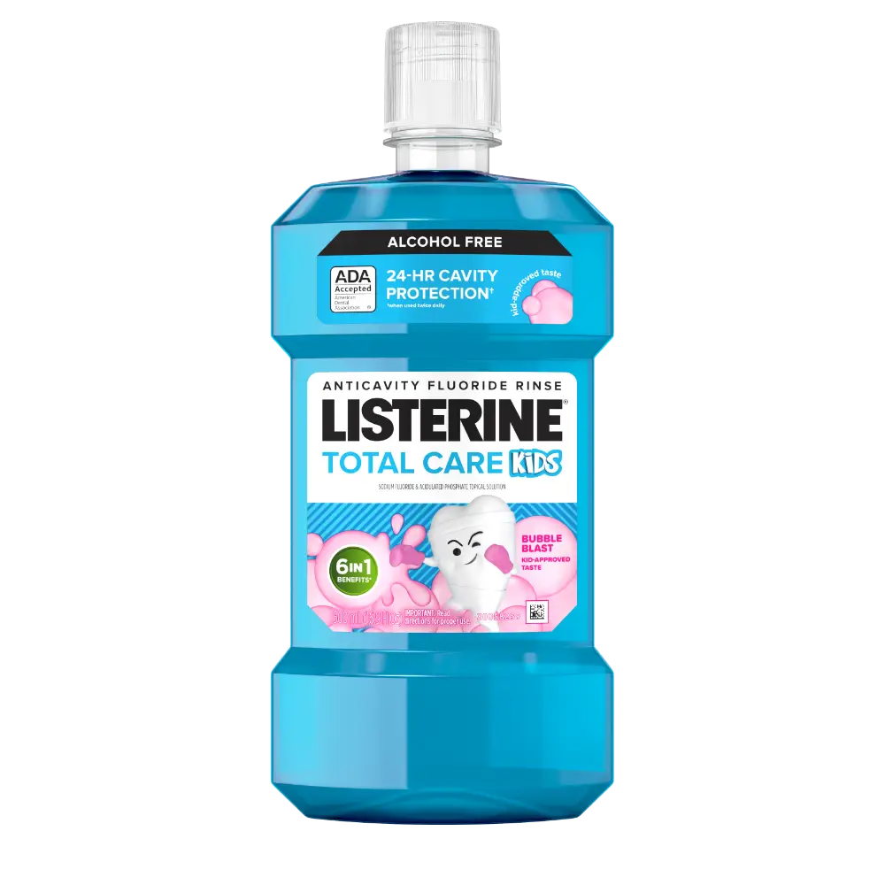 Front Pack Shot of LISTERINE® TOTAL CARE Kids Alcohol Free Anticavity Fluoride Mouthwash Bubble Blast 500mL