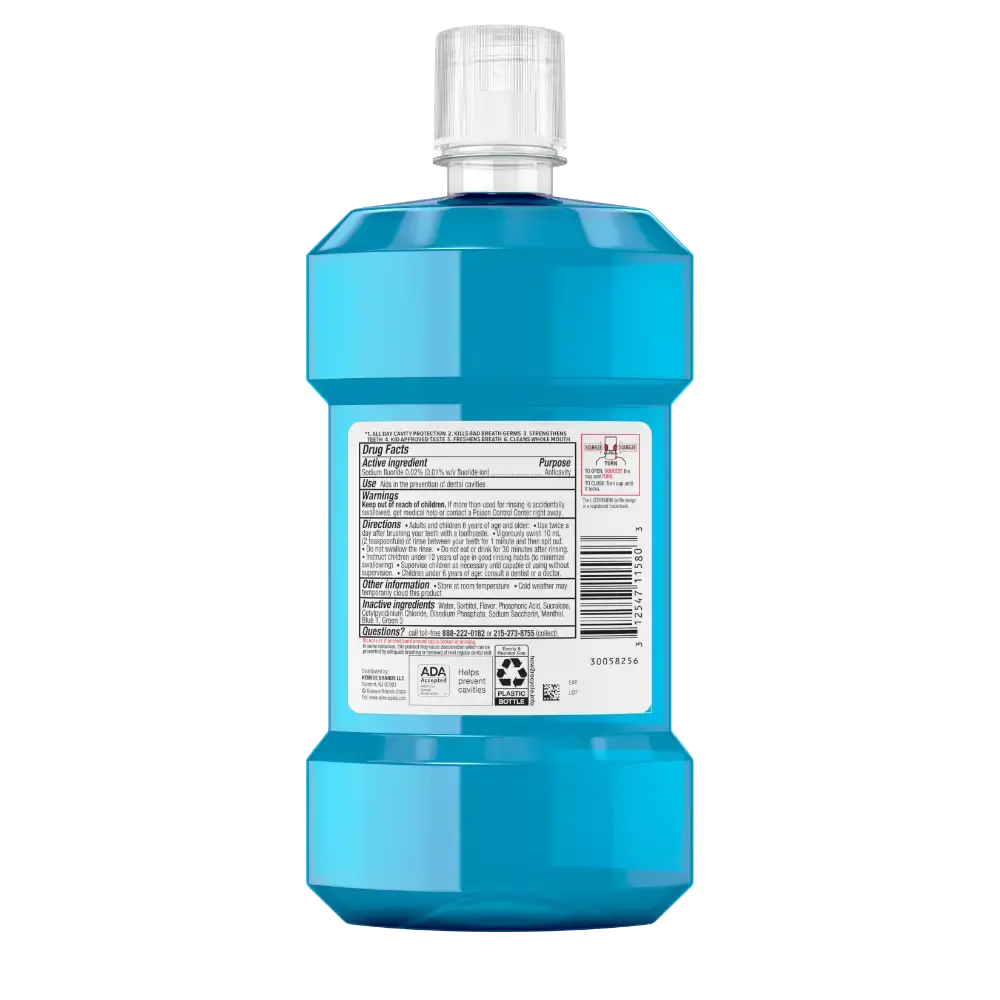 LISTERINE® TOTAL CARE Kids Alcohol Free Anticavity Fluoride Mouthwash Bubble Blast, Back of Pack