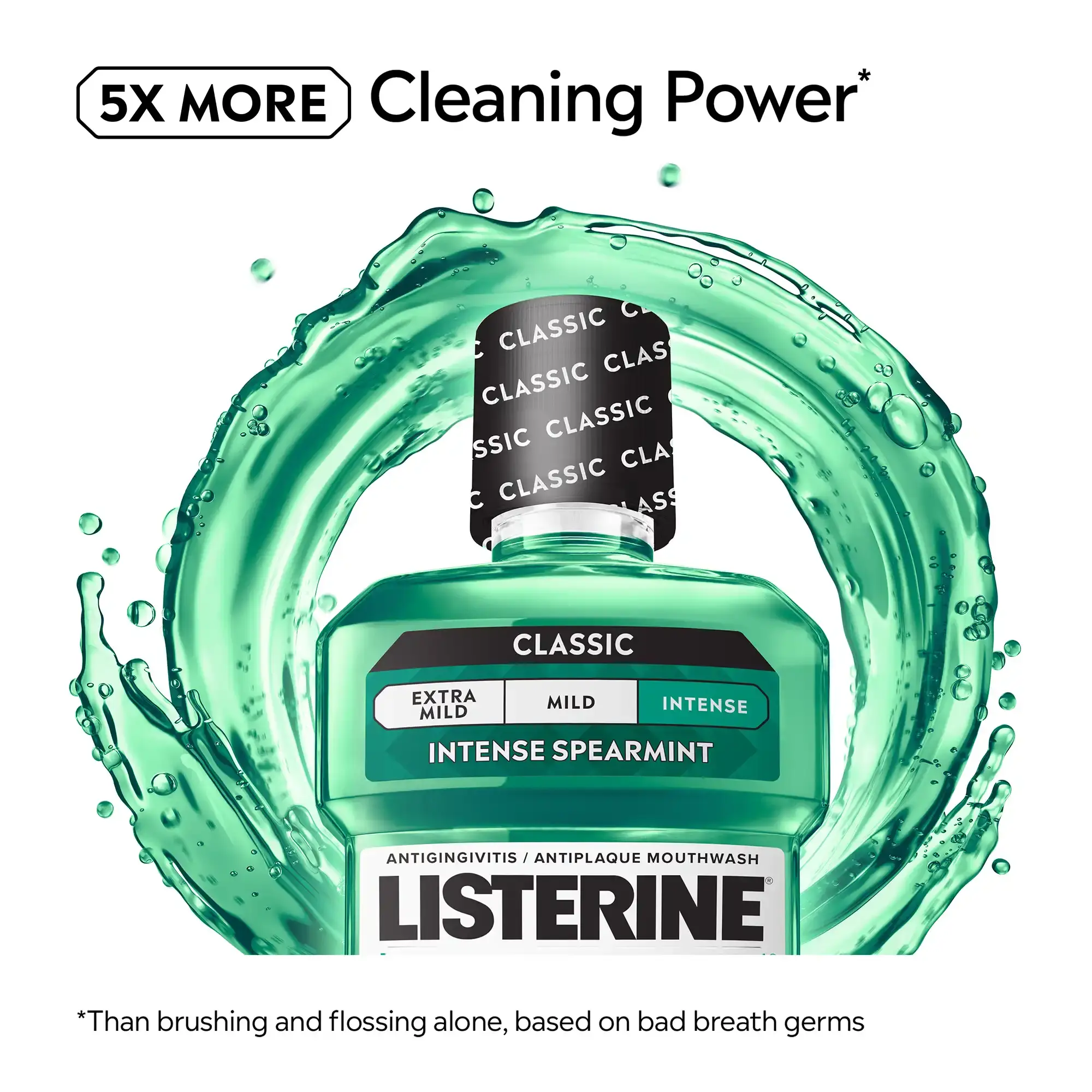 5x more cleaning power. Than brushing and flossing alone, based on bad breath germs