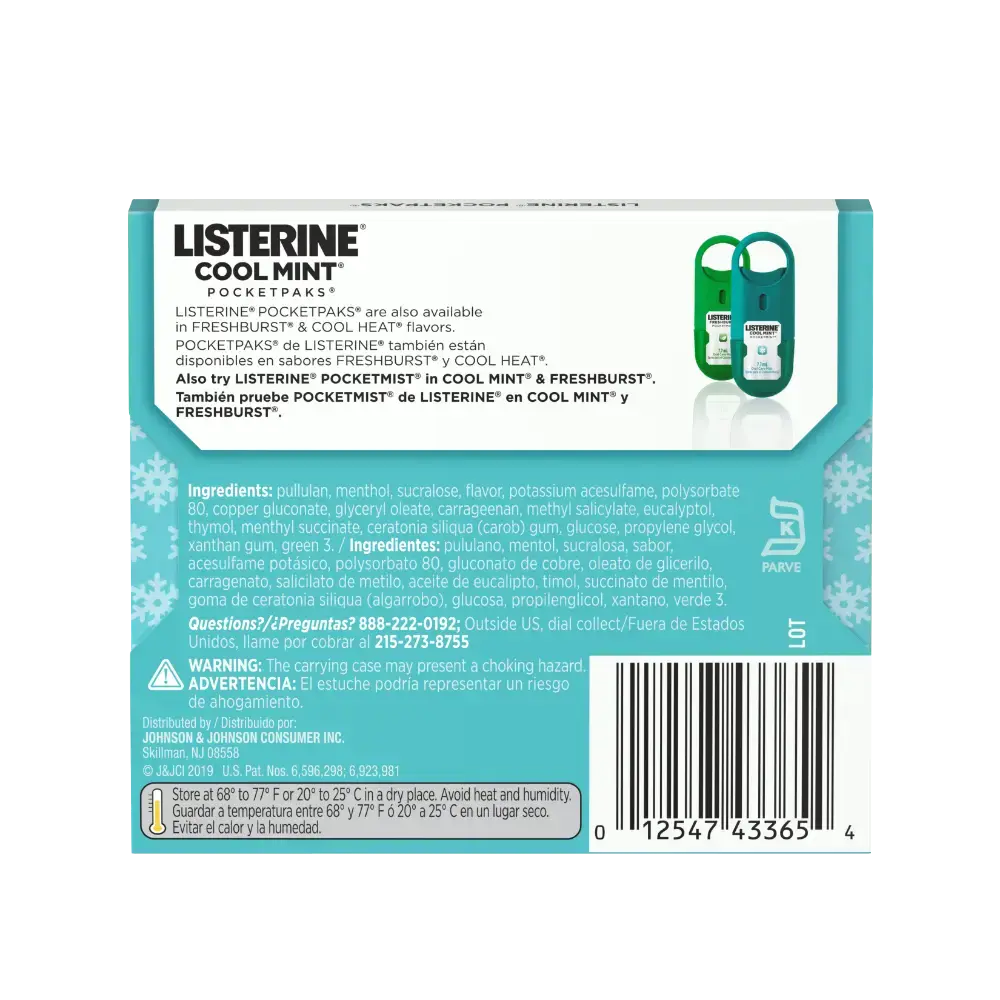 Back Pack Shot of LISTERINE® POCKETPAKS® Fresh Breath Strips COOL MINT 24 ct.