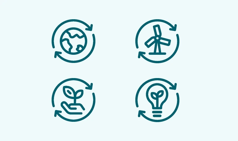 Logos of a planet, a wind turbine, a hand holding a plant, and a lamp