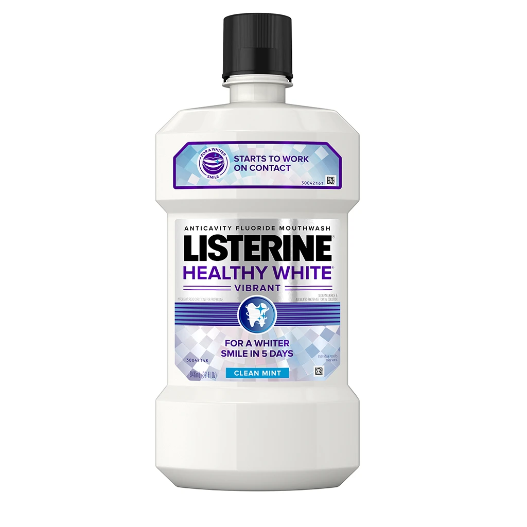 Listerine Healthy White Vibrant Anticavity Mouthwash works on contact for a whiter smile in 5 days