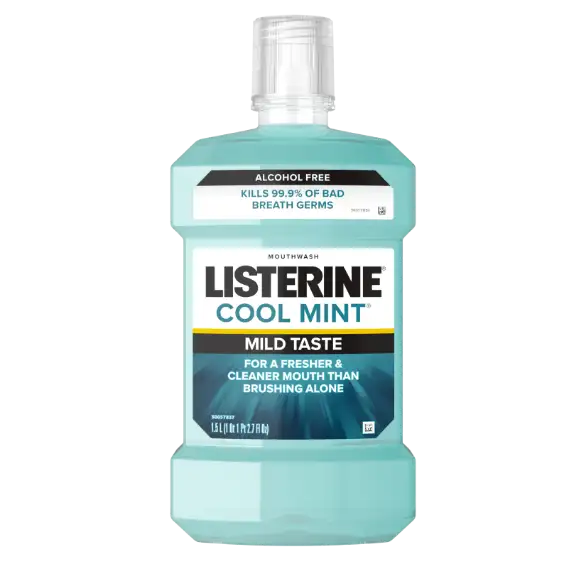 Listerine Cool Mint with zero alcohol kills 99.9% of bad breath germs with a less intense taste