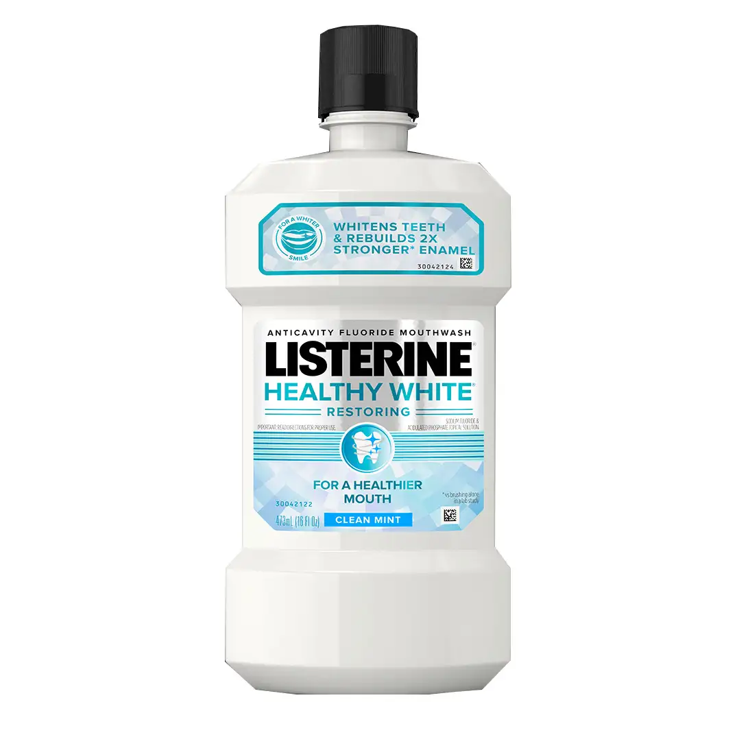 Listerine Healthy White Restoring Mouthwash whitens teeth & rebuilds enamel for a healthier mouth