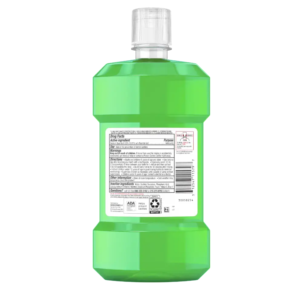 LISTERINE® TOTAL CARE Kids Alcohol Free Anticavity Fluoride Mouthwash Mint Shield, Back of Pack