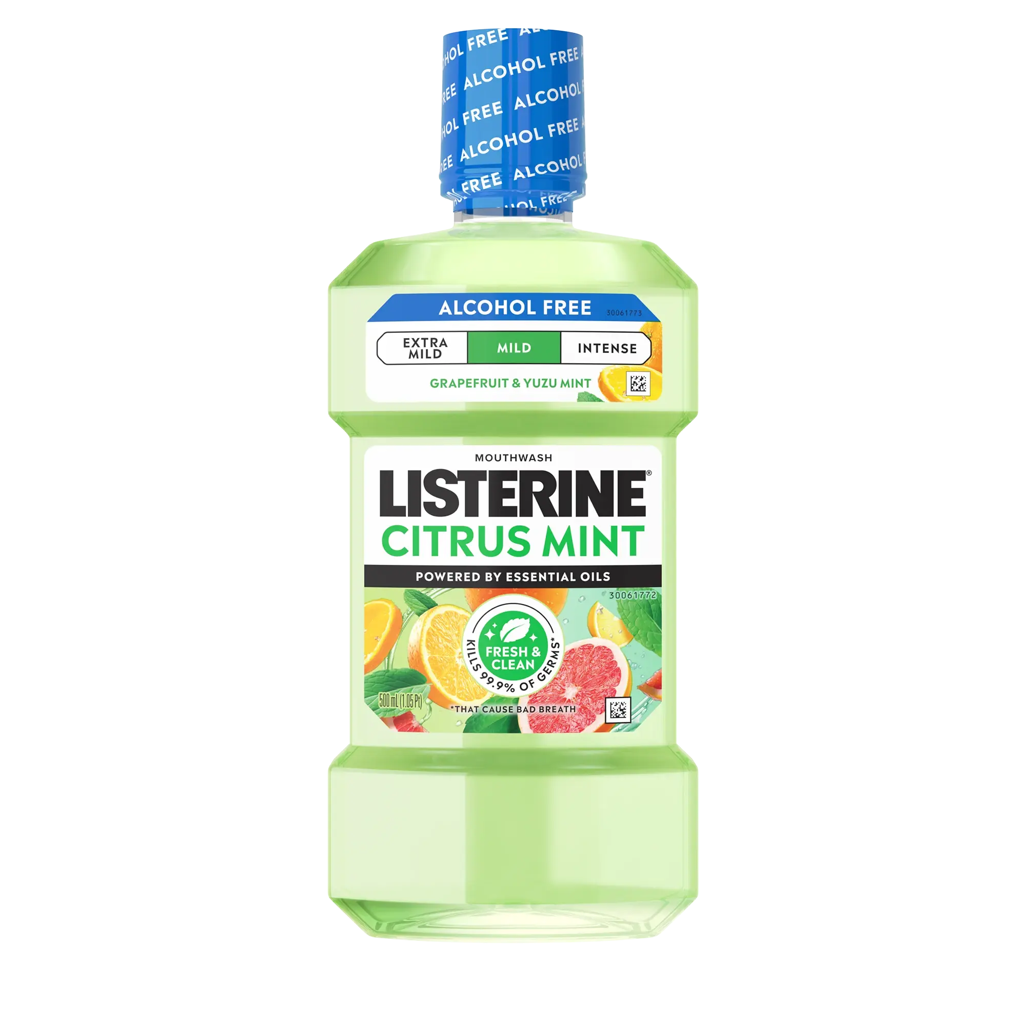 Front pack shot of LISTERINE®  Citrus Mint Alcohol Free Mouthwash, 500ml