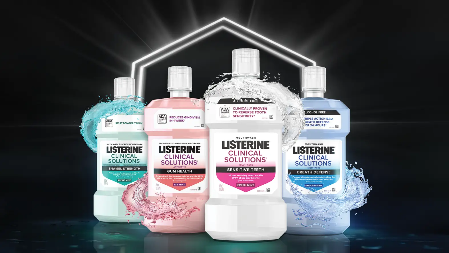 Listerine Clinical Solutions Mouthwashes for Gum Health, Teeth Strength, and Breath Defense.