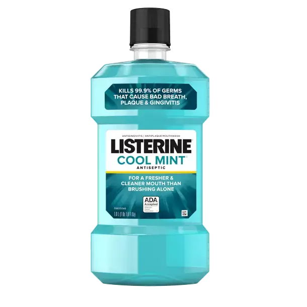 Listerine Cool Mint Mouthwash kills 99.9% of germs that cause bad breath, plaque & gingivitis