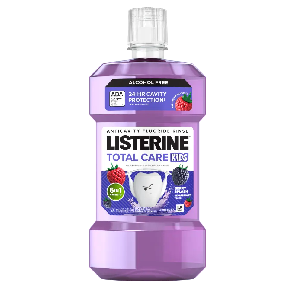 Front Pack Shot of LISTERINE® TOTAL CARE Kids Alcohol Free Anticavity Fluoride Mouthwash Berry Splash 500mL