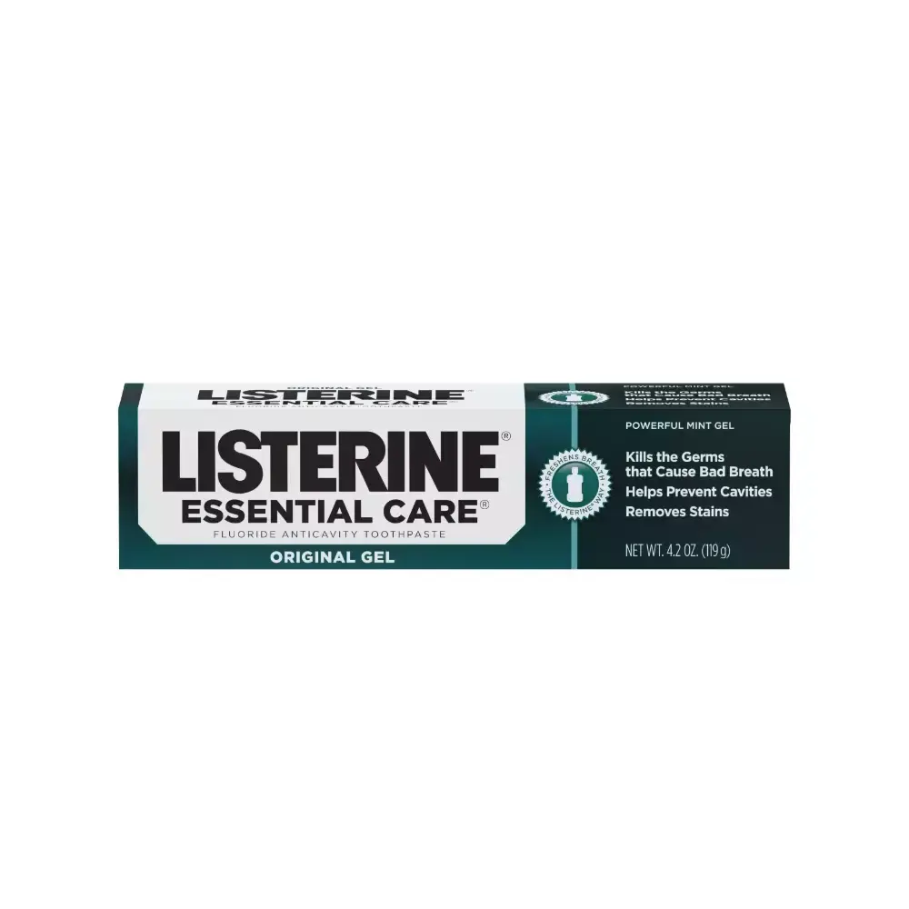 Listerine Essential Care Fluoride Toothpaste helps prevents bad breath, cavities & removes stains