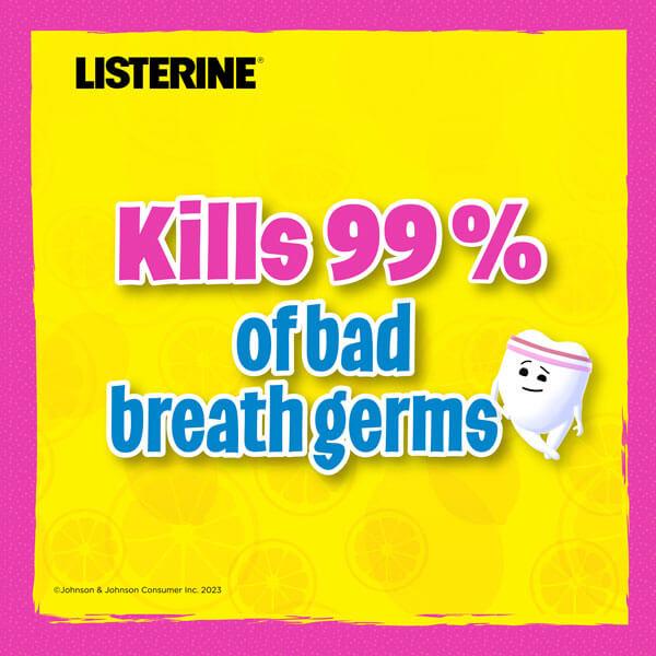 Listerine Smart Rinse Pink Lemonade kills 99% of bad breath germs