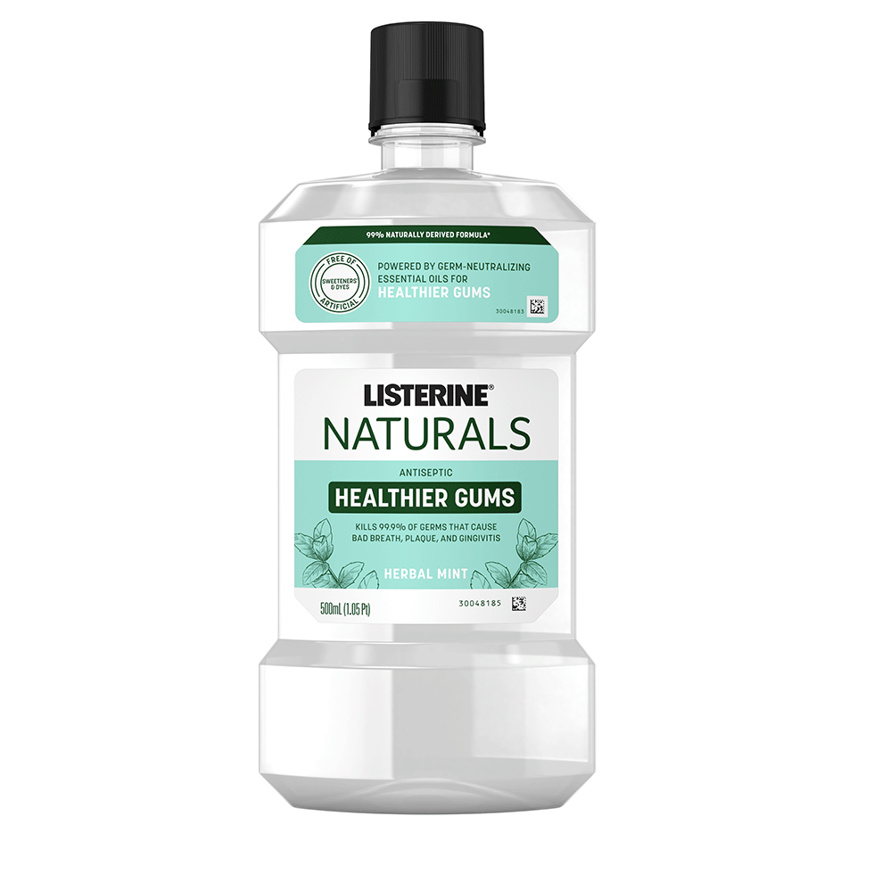 Listerine Naturals Healthier Gums Mouthwash is powered with essential oils to kill 99.9% of germs