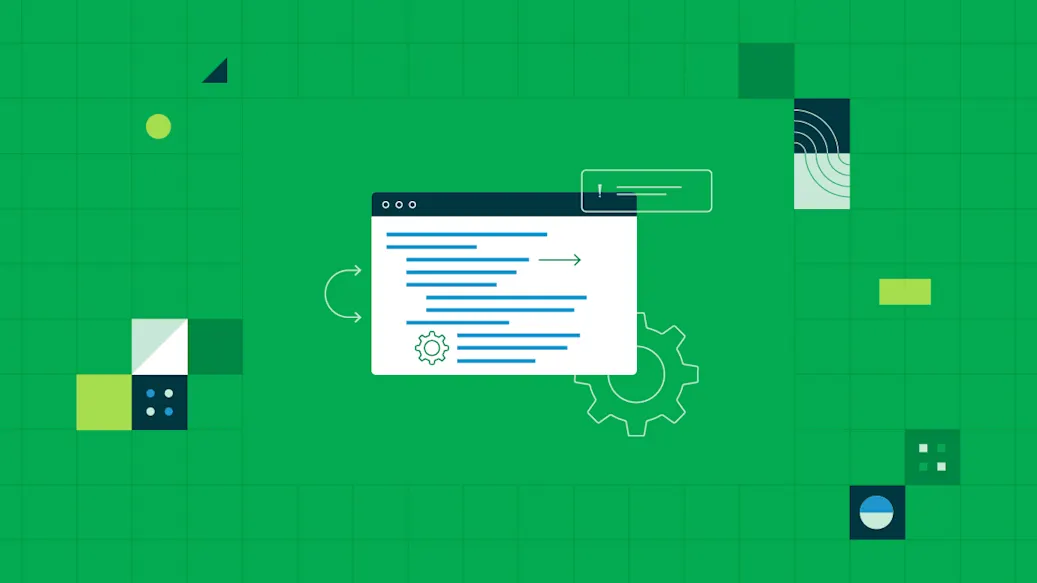 A stylized web application, placed at the center of a grid, is randomly surrounded by arrows, user interface elements, and geometric shapes.