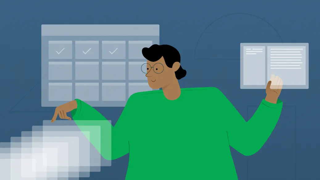 An engineer looks through files with one hand, holding a meeting agenda in the other hand.