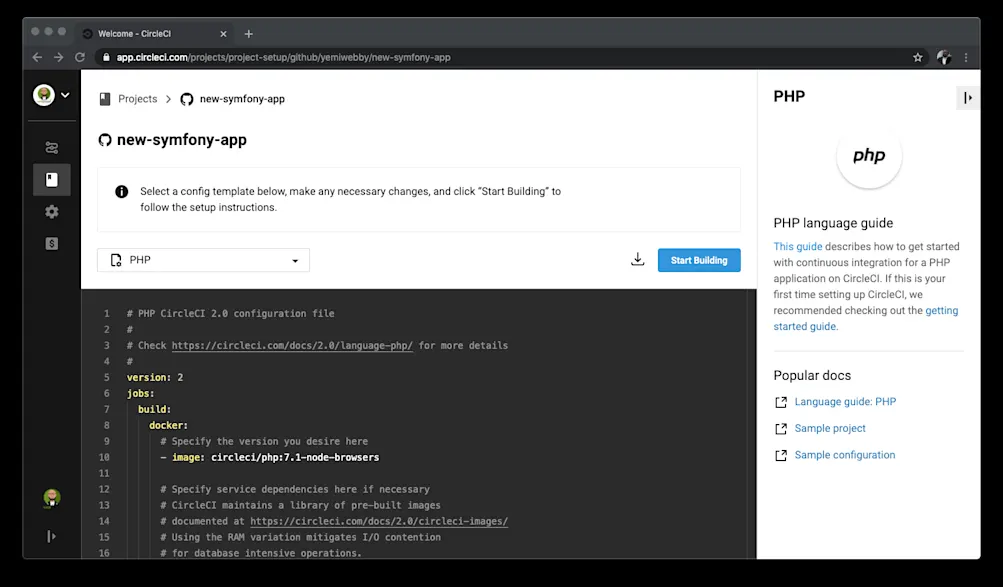 CircleCI project configuration page