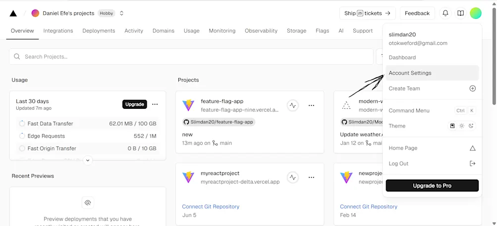 Vercel account settings