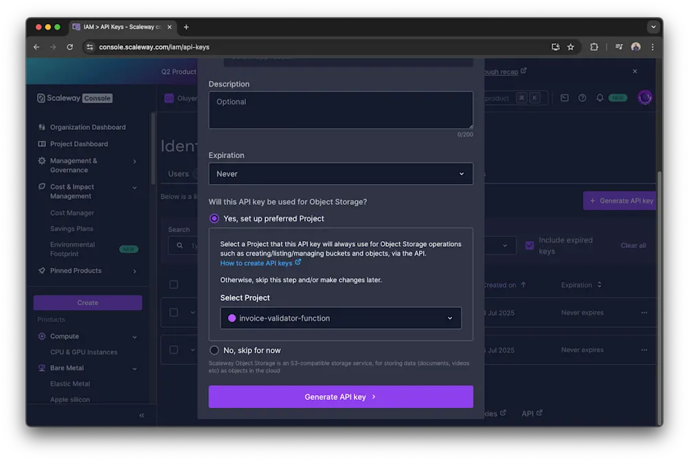 Scaleway API key creation