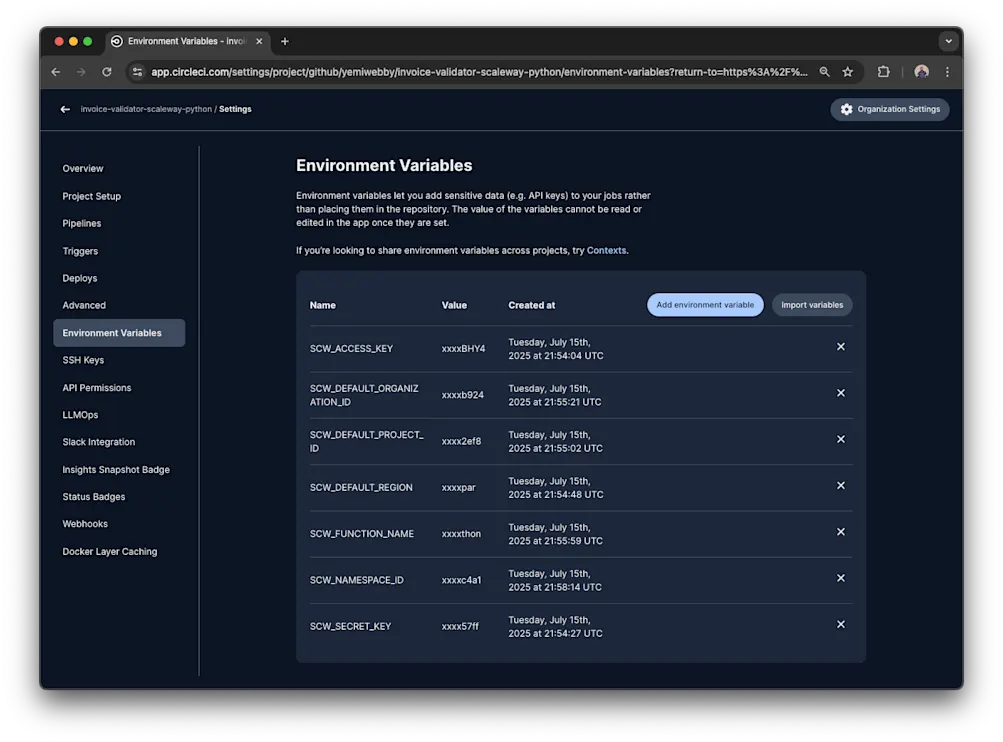 CircleCI environment variables