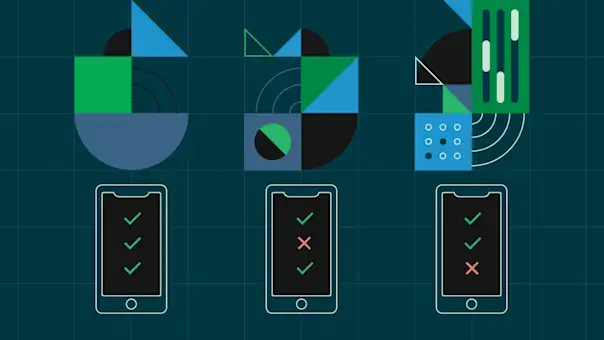Three mobile device screens with lines of stylized code float over a grid.