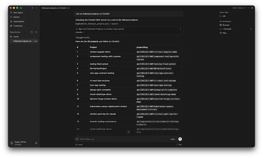 Using CircleCI MCP Server to list followed projects in Cursor UI