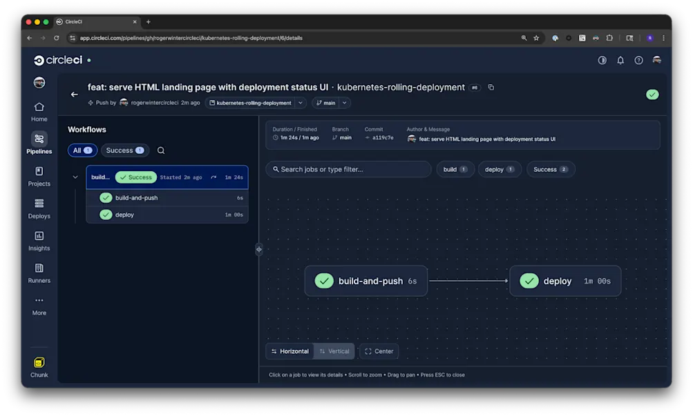build-and-pushジョブとdeployジョブが正常に完了したCircleCIのPipelinesビュー