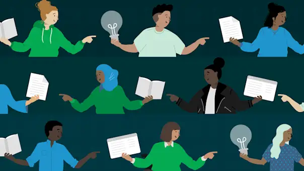 Three groups of diverse developers and other workers share books, tablets, and ideas (represented by lightbulbs).