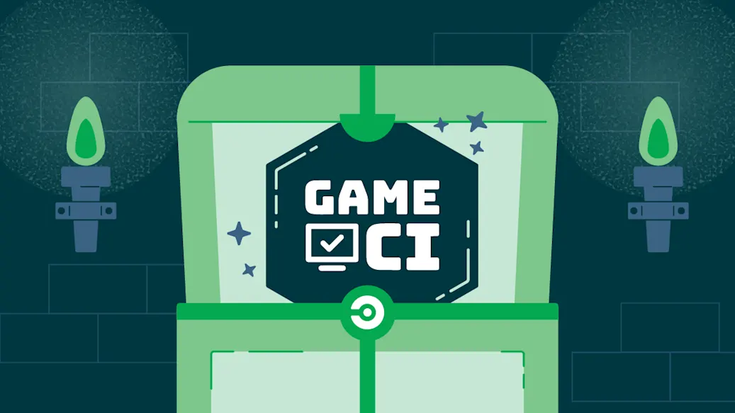 Stylized game dungeon door leads to GameCI logo.
