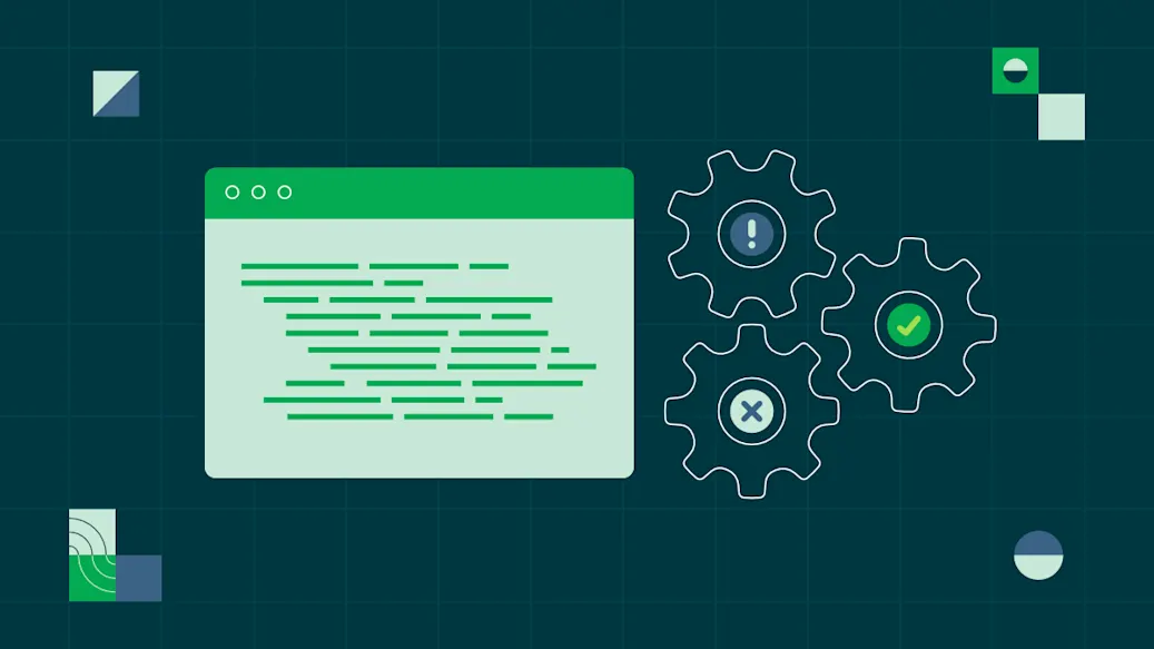 A stylized code screen circled by graphic and coding-related elements.