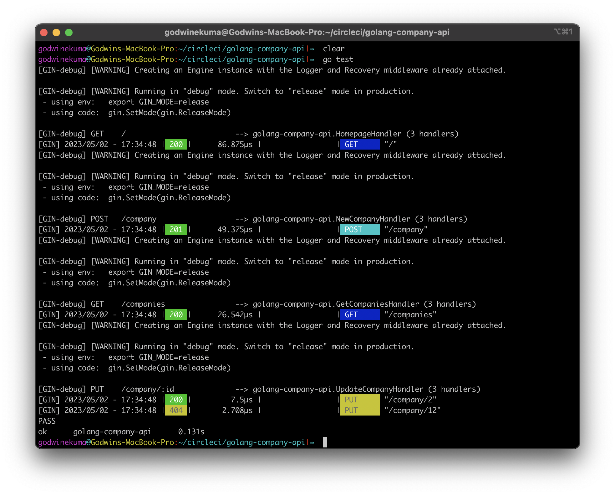 Automate testing for Golang Gingonic RESTful APIs CircleCI