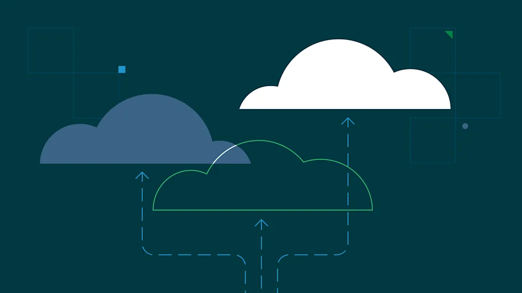 Three dotted blue lines point up toward a series of clouds against a dark background