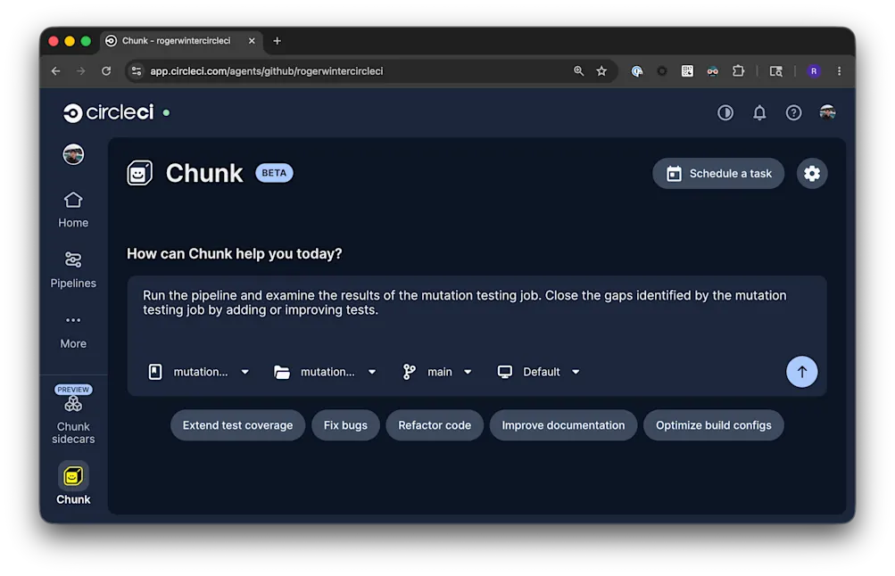 Using CircleCI Chunk AI agent to fix issues identified by mutation testing in a CI pipeline