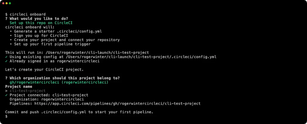 circleci onboard prompting for setup, organization, and project name, then connecting the project