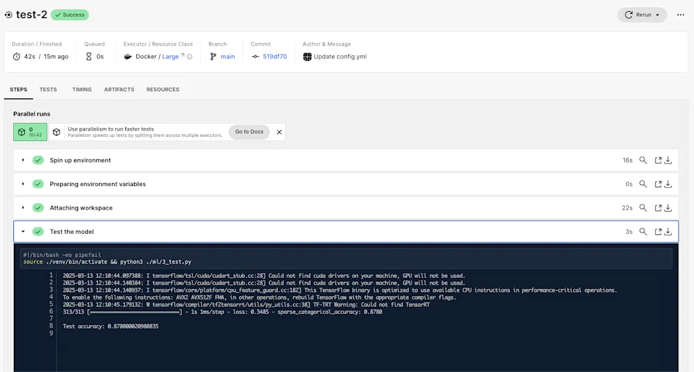 A screenshot of the console output produced by a CircleCI job.