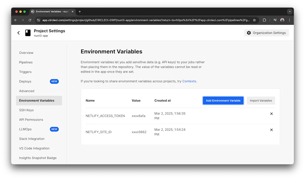 Environment Variables page