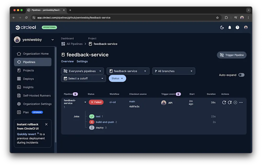 CircleCI pipeline failure