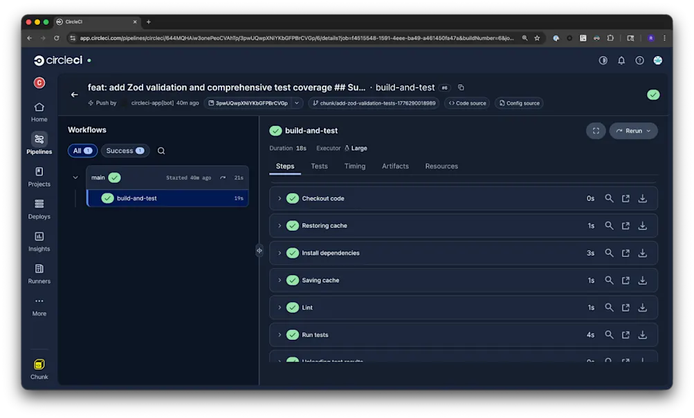 CircleCI Chunk agent chat showing a task summary and code diff adding Zod input validation and expanded test coverage to the task API endpoints